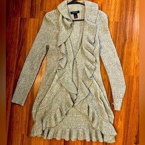 White House black market gray wool sweater with ruffles.